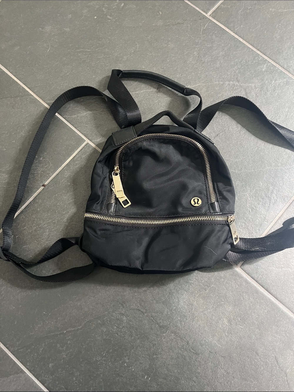 lululemon athletica Black Mini Nylon Backpack with Gold Hardware